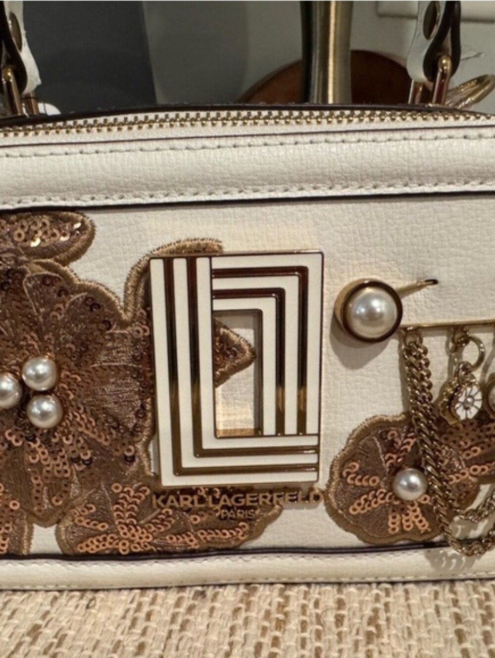 Karl Lagerfeld Cream Embellished Leather Top-Handle Bag - Picture 3 of 6